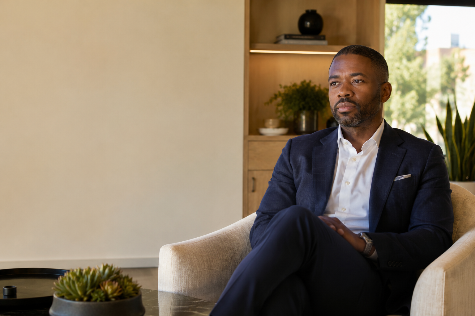 A professional man seated in a calm, sunlit consultation lounge