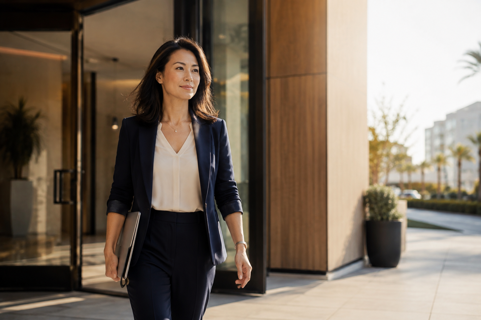 A professional walking out of a modern building into her day